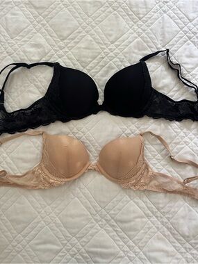 Two Victoria's Secret Black and Rose Gold Lace-Trim Push-Up Bras